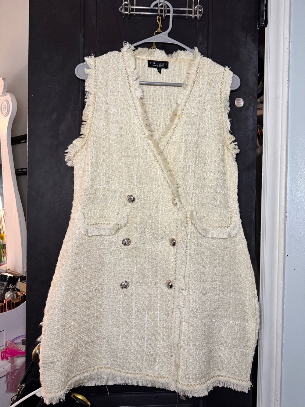 Trixxi Cream Fringe Tweed Double-Breasted Dress Vest